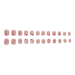 French tip press-on nails with cute cherry and heart patterns in pink and white
