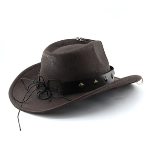 Dark brown PU leather cowboy hat with silver bull studs and metallic accents