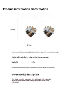 Detail view of crystal flower earrings with 925 silver needle dimensions and material specs