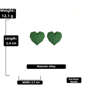 Detailed view of green candy color heart earrings with 925 silver needles and alloy material