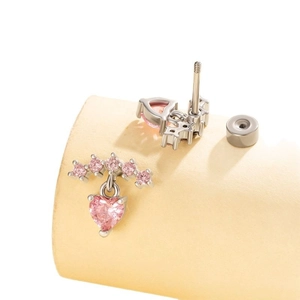 Pink heart pendant titanium steel cartilage earrings with sparkling curved crystals