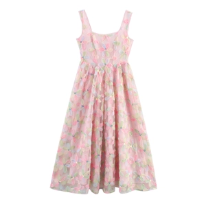 Women Sweet Pink Mesh Maxi Dress With 3D Floral Applique And Sequins Square Neck High Waist Sleeveless Elegant