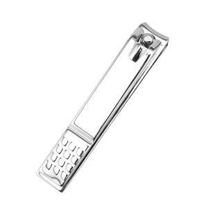 Professional silver stainless steel nail clipper with anti-slip grip on white background