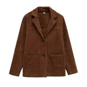 Classic dark brown suede leather blazer jacket with notched lapels and front pockets