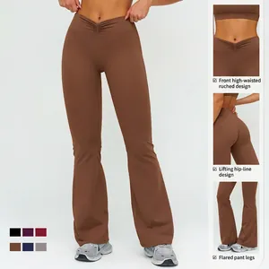 High waist flared yoga pants with ruched V-front and butt-lifting seam in dark brown