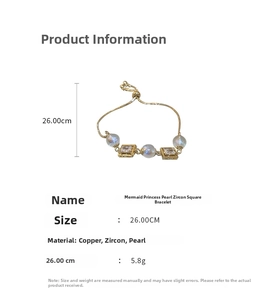 Detailed view of mermaid pearl and zircon bracelet with adjustable slider and size specs