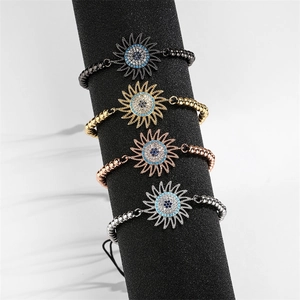 Evil Eye Sunflower Charm Bracelet Copper Micro Pave Zirconia Adjustable Braided Rope Bohemian Ethnic Jewelry For Women