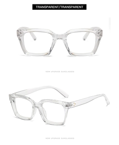 Detail view of transparent square frame glasses featuring a two-tone gradient design