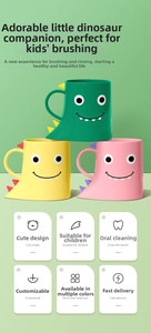 Detail of dinosaur cartoon kid cups in green yellow and pink with ergonomic handles