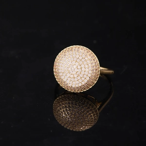 Full Zircon Densely Pave Round Dome Ring Copper Gold Plated Adjustable Open Band Fashion Niche Elegant Jewelry For Women