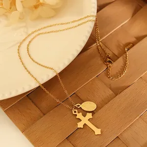 Collier rétro en acier inoxydable plaqué or 18K avec pendentif croix ovale sur platine