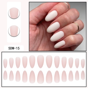 Detailed set of 24 matte nude pink almond press-on nails with product code SDM-15