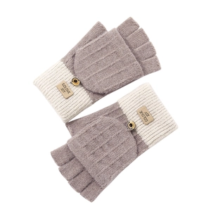 Winter knitted flip-top gloves in khaki and beige with buttoned half-finger design