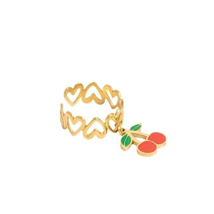 Gold stainless steel heart ring with a cute red cherry pendant and adjustable opening