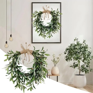Artistic artificial olive leaf wreath with green foliage and purple fruits for home wall decor