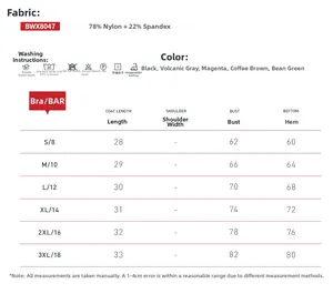 Size chart for women's plus size sports bra showing measurements for sizes S to 3XL