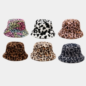 Leopard Print Faux Fur Bucket Hat Winter Warm Plush Outdoor Windproof Fashion Cap For Women