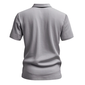 Rear view of grey linen polo shirt showing breathable textured fabric and clean seams