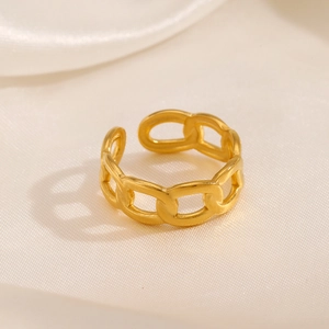 18K gold plated stainless steel chain link open adjustable ring on beige satin background