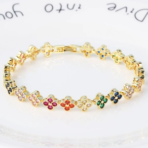 Four-Leaf Clover Bracelet Multi-Colored Cubic Zirconia Copper Gold Plated Niche Luxury Floral Jewelry For Women