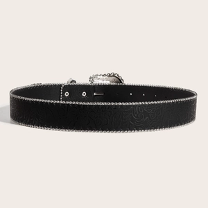 Retro black leather belt with embossed floral patterns and silver rivets for women