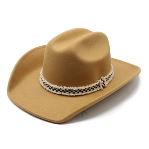 Classic camel wool felt cowboy hat with checkered ribbon trim and curved brim for unisex