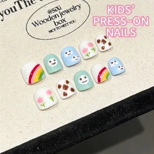 Handmade Kids Press On Nails Cute Cartoon Rainbow Smiley Face Cow Print Non-Toxic Fake Nails For Girls