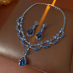Water Drop Zircon Flower Necklace And Earrings With Silver Earring Post Luxury Copper Jewelry For Women Wedding Bridal