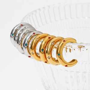 Elegant C-shaped stainless steel earrings with colorful zircon stones in gold and silver