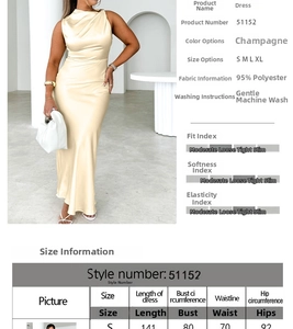 Größentabelle mit Maßen für das Champagner-Satin-Damenkleid mit Ein-Schulter-Schnitt