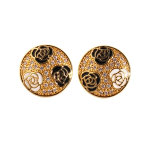 French vintage camellia enamel stud earrings with micro-set zircons and gold-tone finish