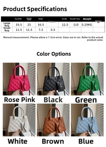 Detailed size chart for the PU leather handbag showing bag dimensions and strap length