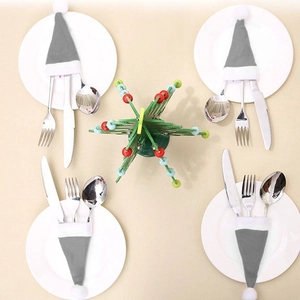 Lot de 4 mini bonnets de Noël gris en tissu brossé pour porte-couverts et décoration