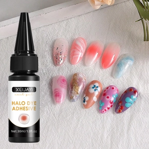 Detail showing 30ml halo dye gel bottle and various marble effect nail art samples