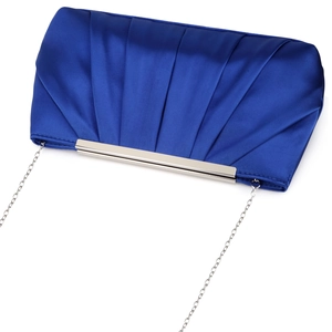 Macro shot of blue pleated satin evening clutch with silver metal clasp and chain