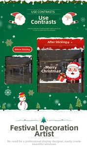 Detail of Christmas window stickers with Santa, snowflakes, and festive Merry Christmas art