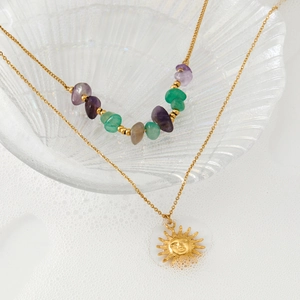 Double-layered stainless steel necklace with natural stones and sun coin pendant
