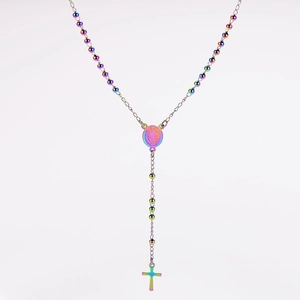 Rainbow stainless steel rosary necklace featuring Saint Benedict medal and cross pendant