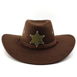 Brown wide brim jazz hat with sheriff star badge and braided rope decoration