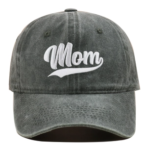 Detailed close-up of white Mom 3D embroidery on a vintage washed charcoal baseball cap