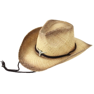 Western style wide brim raffia cowboy hat with silver bull head and chin strap