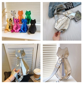Detail view of glossy cat-shaped crossbody bags in metallic silver and vibrant colors