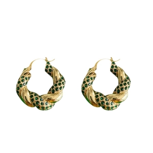 18K gold plated stainless steel twisted U-shaped hoop earrings with green zircon stones