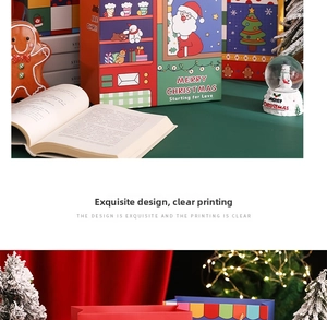 Detailed view of festive Christmas gift boxes featuring hand-drawn Santa and snowman motifs