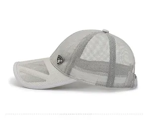 Side view detail of breathable light gray mesh baseball cap with side logo patch