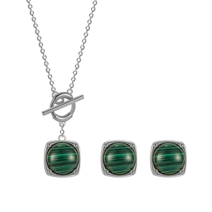 S925 sterling silver necklace and earrings set with green malachite square pendants