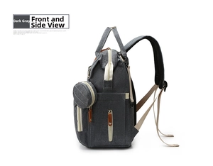 Dark grey quilted diaper backpack side view with padded straps and side pocket