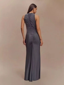 Elegant sleeveless dark grey bodycon maxi dress with flattering back ruched detail