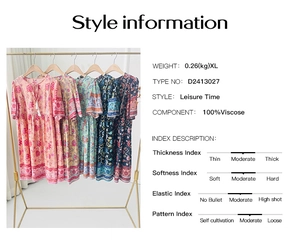 Detailed spec sheet showing 100% viscose fabric info and five boho print dresses