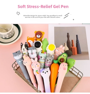 Detail showing various soft slow-rebound squeeze pens with cute cartoon characters
